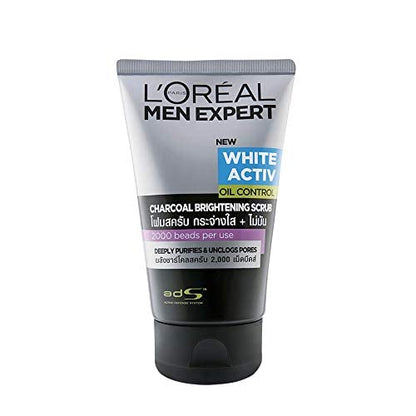 L'Oréal Paris Black Charcoal Face Scrub, Deeply Purifies and Unclogs Pores, Visibly Reduces Blackheads, Men Expert White Activ, 100ml