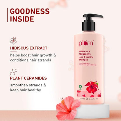 "Plum Hibiscus & Ceramides Long & Healthy Shampoo|Helps Boost Hair Growth, Hydrates & Conditions hair, Prevents Split Ends|Contains Hibiscus Extracts, Ceramides| SLS-Free, Paraben-Free| 100% vegan