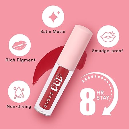 SUGAR POP Matte Lipcolour - 08 Crimson (Dark Ruby) – 1.6 ml - Lasts Up to 8 hours l Ruby Lipstick for Women l Non-Drying, Smudge Proof, Long Lasting (08 Crimson)