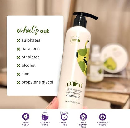 Plum Olive & Macadamia Healthy Hydration Scalp Moisturizing Shampoo | Dull, Dry, Damaged Hair | Sulphate Free | Damage Repair | Safe for chemically treated hair |100% Vegan | 300 ml