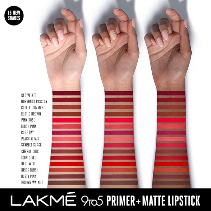 Lakme 9 To 5 Primer + Matte Lipstick, Matte Finish, Lightweight Lipstick, Lasts For 16Hrs, Nourishes Lips & Great For Daily Use, Burgundy Passion, 3.6g