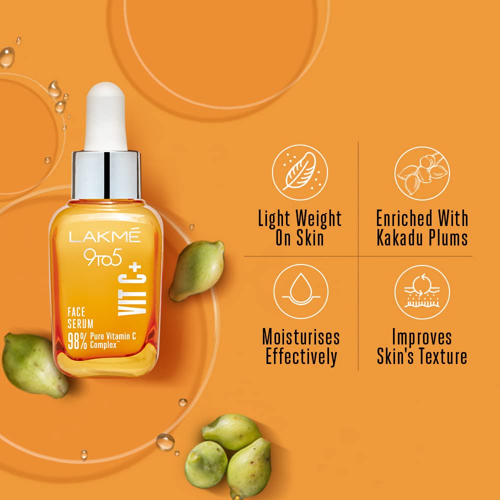 LAKMÉ 9 To 5 Vitamin C+ Face Serum For Glowing Skin With 98% Pure Vitamin C Complex, 30ml Lightweight & Non Greasy Face Serum, Improves Skin Texture & Glow