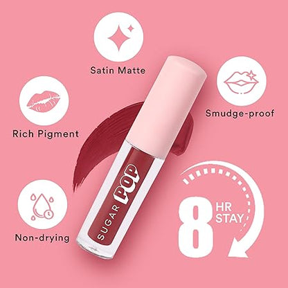 SUGAR POP Matte Lipcolour - 19 Cranberry (Oxblood Red) – 1.6 ml - Lasts Up to 8 hours l Red Lipstick for Women l Non-Drying, Smudge Proof, Long Lasting