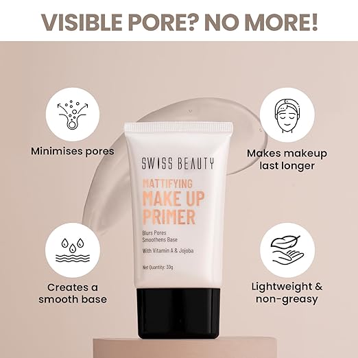 Swiss Beauty Mattifying Makeup Primer | Oil-Free Shine | Minimises Pores | Long-Lasting Base | All skin Types, 30gm