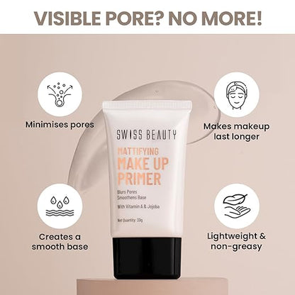 Swiss Beauty Mattifying Makeup Primer | Oil-Free Shine | Minimises Pores | Long-Lasting Base | All skin Types, 30gm