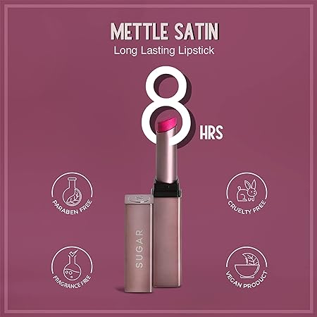 SUGAR Cosmetics - Mettle - Satin Lipstick - 01 Sophie (Bright Fuchsia Pink) - 2.2 gms - Waterproof, Longlasting Lipstick for a Silky and Creamy Finish, Lasts Up to 8 hours