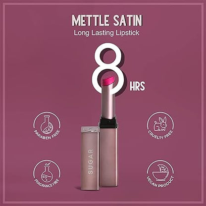 SUGAR Cosmetics - Mettle - Satin Lipstick - 02 Elizabeth (Rosy Cheeks Pink) - 2.2 gms - Waterproof, Longlasting Lipstick for a Silky and Creamy Finish, Lasts Up to 8 hours