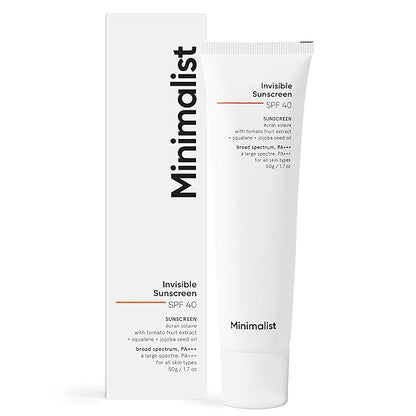 Minimalist SPF 40 Water Resistant Invisible Sunscreen Gel | Ultra Light Gel | Matte Finish | No White Cast | Sweat Resistant | PA+++ | With Tomato Extract, Squalane and Jojoba Seed Oil | For Women & Men | 50 gm