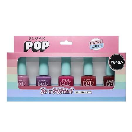 SUGAR POP 'Be A Popstar' 5 In 1 Nail Kit, 02 Bubblegum Dreams, 09 Lilac Rush, 26 Pink Perfection, 13 Red Alert & 15 Bold Please, Quick Drying & Long-Lasting, Glossy Finish For Women, 10ml