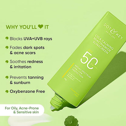 Dot & Key CICA Calming Niacinamide Sunscreen SPF 50 PA+++ | UVA/UVB Protection | Sunscreen for Acne Prone Skin | Ultra Light, Fragrance Free & Quick Absorbing | For Oily Acne Prone & Sensitive Skin | 50g