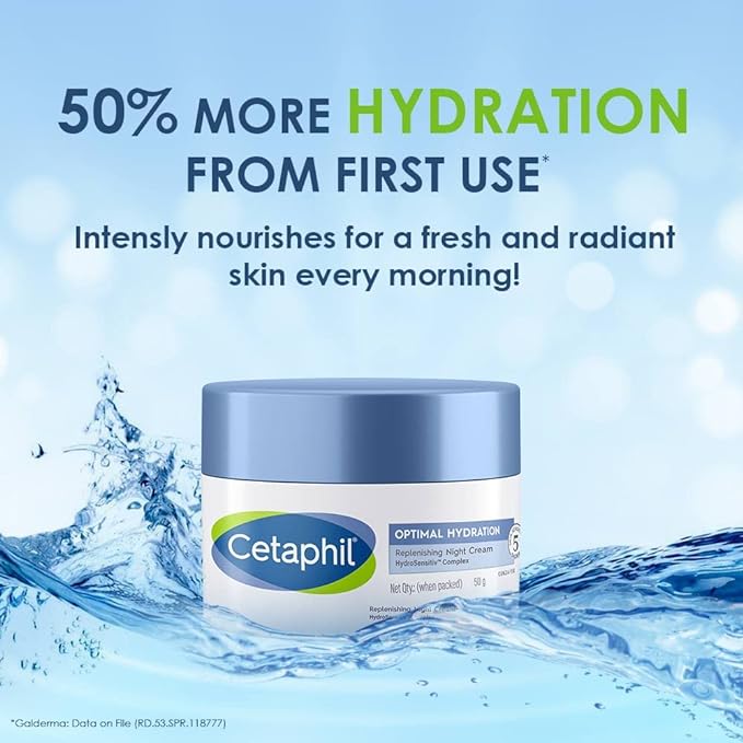 Cetaphil Optimal Hydration Replenishing Night Cream 50g | Lightweight & Fast Absorption | Hyaluronic Acid, Blue Daisy Extract, Niacinamide