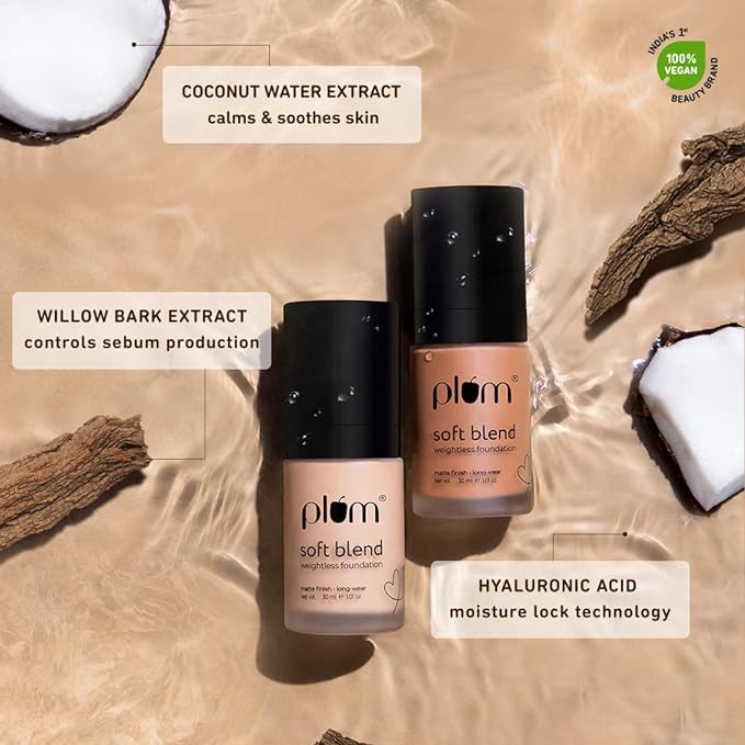 Plum Soft Blend Weightless Foundation | With Hyaluronic Acid | Matte Finish | Super Hydrating | 100% Vegan & Cruelty-Free | Halo Sand - 105P