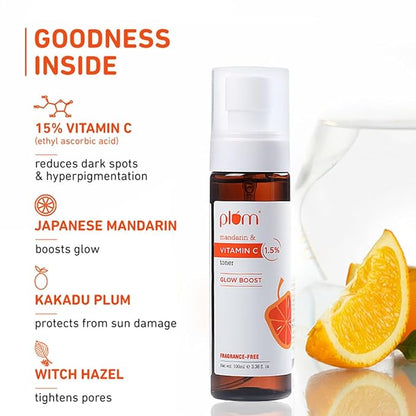 PACK OF 2 Plum 1.5% Vitamin C Toner with Mandarin | For Glowing Skin | Improves Uneven Skin Tone | Tightens Pores | Fragrance-Free | 100% Vegan