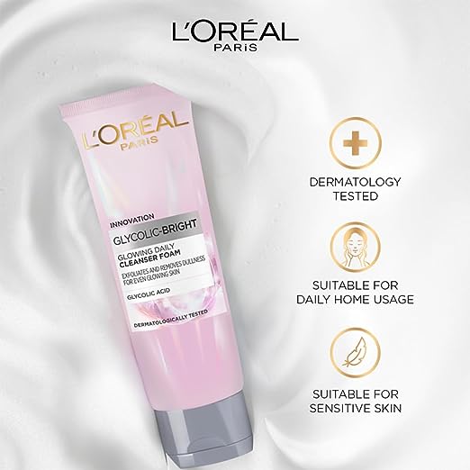 Pack of 2 L'Oreal Paris Glycolic Bright Daily Foaming Face Cleanser, 2x50ml | Glycolic Acid Face Wash for Dull Skin | Daily Glowing Facial Cleanser