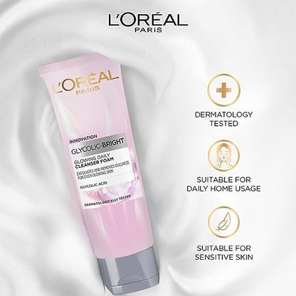 Pack of 2 L'Oreal Paris Glycolic Bright Daily Foaming Face Cleanser, 2x50ml | Glycolic Acid Face Wash for Dull Skin | Daily Glowing Facial Cleanser