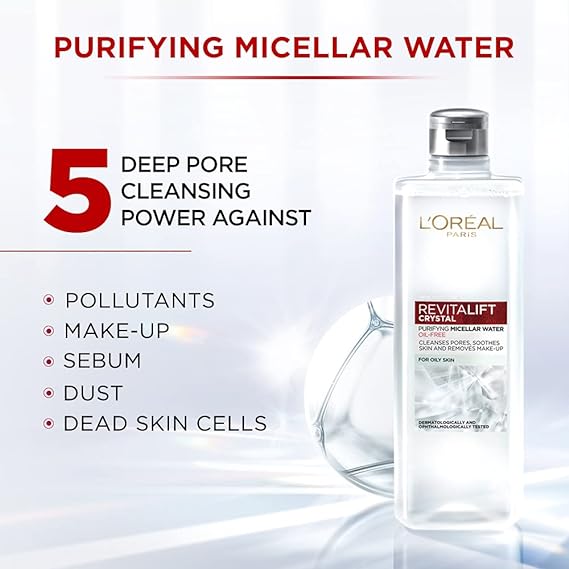 L'Oréal Paris Purifying Micellar Water, Cleanses pores and Removes Makeup, With Oil-Free Technology, Revitalift Crystal, 400ml