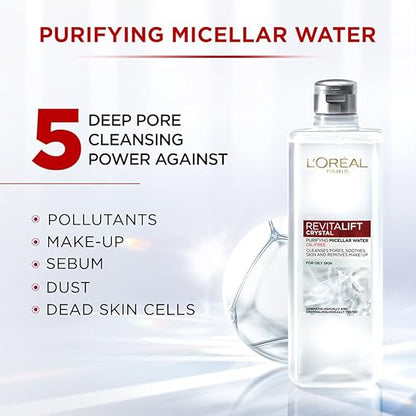 L'Oréal Paris Purifying Micellar Water, Cleanses pores and Removes Makeup, With Oil-Free Technology, Revitalift Crystal, 400ml