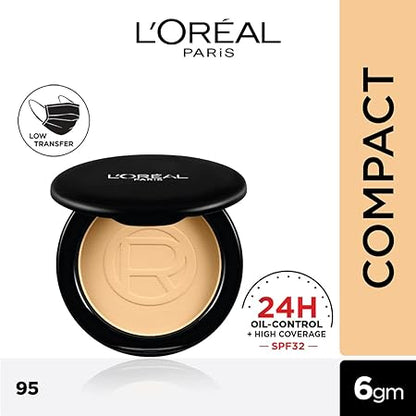 L’Oréal Paris High Coverage Compact Powder, Matte-Finish, Lightweight & Blendable, Compact Face Makeup, With SPF 32 & PA +++, Infallbile 24h Oil Killer, 95 Light Linen, 6g