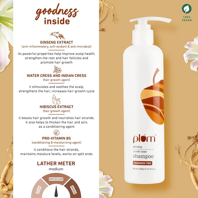 Plum Ginseng Gentle Rinse Shampoo for Hair Fall Control, Prevents Breakage & Strengthens Strands, Contains Hibiscus Extract, Sulphate-Free & Silicone-Free, 100% Vegan, White, 300 ml