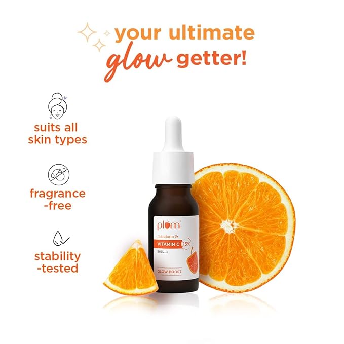 PACK OF 2 Plum 15% Vitamin C Face Serum with Mandarin for Glowing Skin with Pure Ethyl Ascorbic Acid for Dull Skin, Fragrance-Free, 20 ml