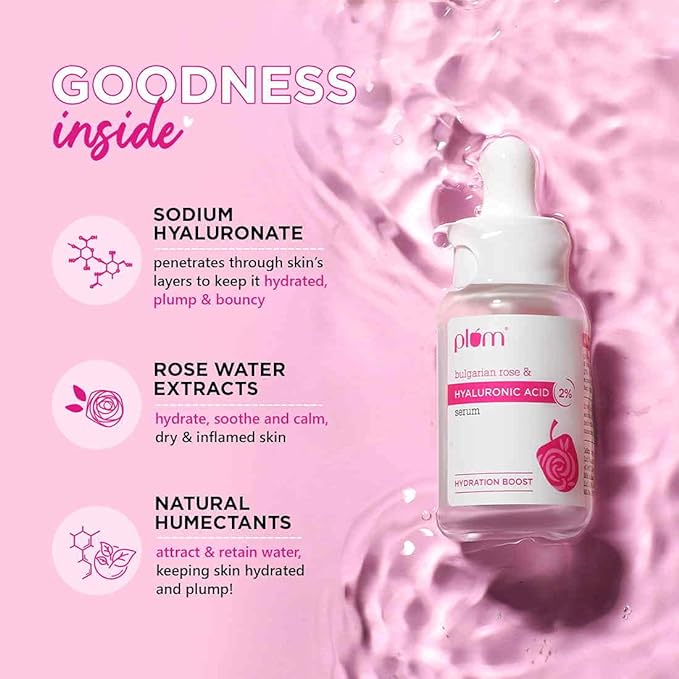 Plum 2% Daily Use Face Hyaluronic Acid Serum With Bulgarian Rose, Instant Hydration For Plump & Bouncy Skin For All Types, Fragrance-Free, Transparent, 30ml