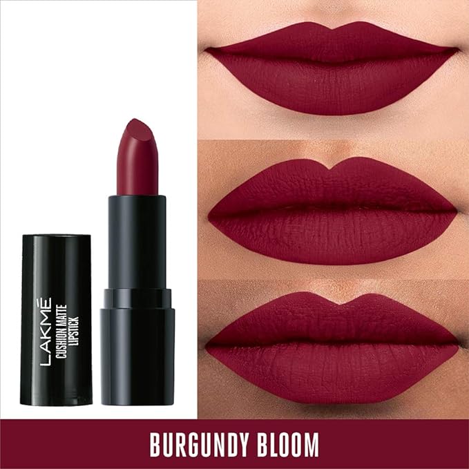 Lakme Cushion Matte Lipstick Burgundy Bloom, Long Lasting Comfortable Velvet Matte Finish - Waterproof, Non Drying Creamy Matte Bullet Lipstick, 4.5g