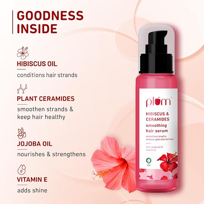 Plum Hibiscus & Ceramides Smoothing Hair Serum|Smoothens, Helps Prevent Split Ends, Nourishes, Controls Frizz| Contains Hibiscus Oil, Ceramides, Vitamin E & Jojoba Oil| Paraben-Free| 100% vegan