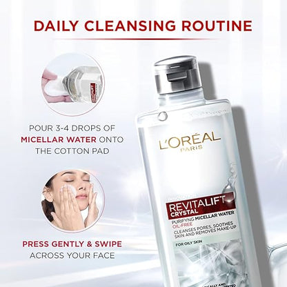 L'Oréal Paris Purifying Micellar Water, Cleanses pores and Removes Makeup, With Oil-Free Technology, Revitalift Crystal, 400ml