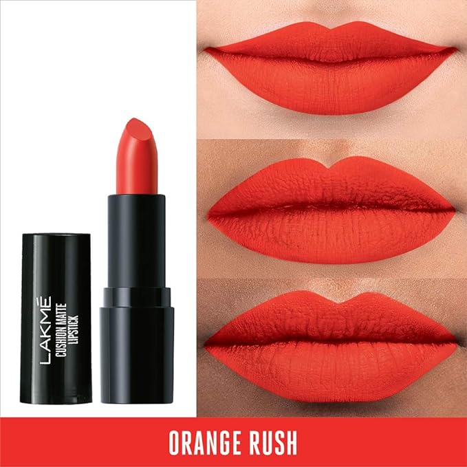 Lakmé Cushion Matte Lipstick, Orange Rush, 4.5 g