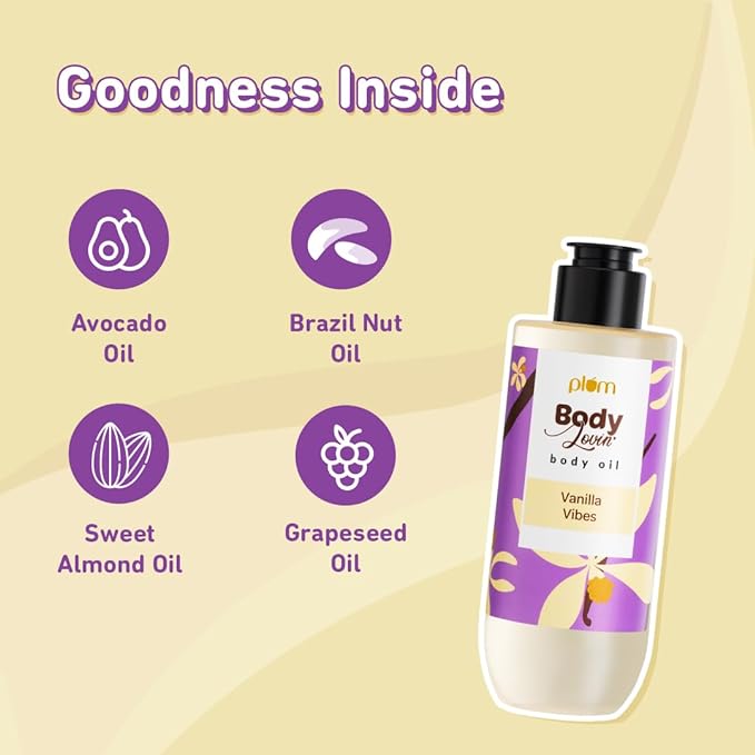 Plum BodyLovin' Vanilla Vibes Body Oil | Intense Moisture & Instant Glow | Long Lasting Warm Vanilla Fragrance | Non-Greasy & Lightweight | Soft & Nourished Skin | For Dry To Very Dry Skin (200 ml)