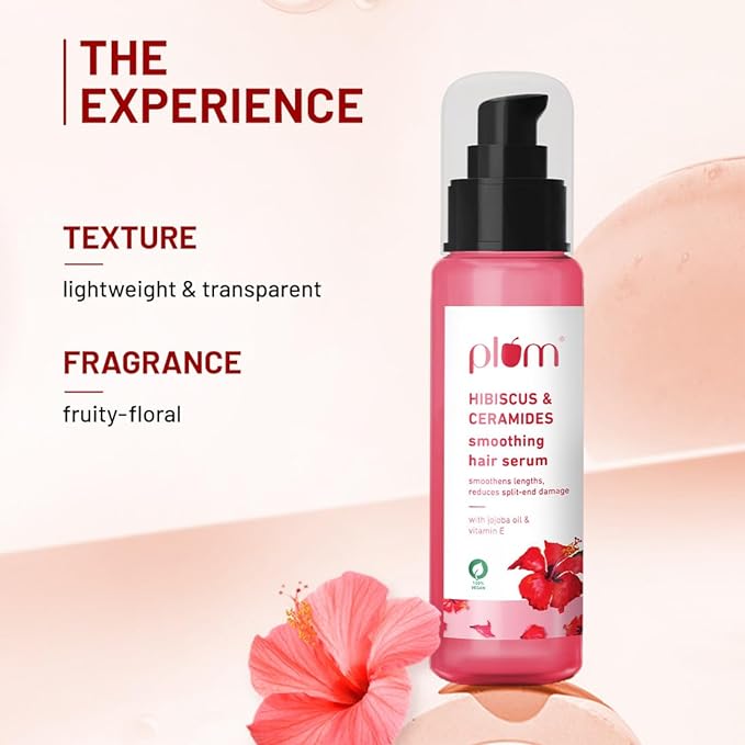 Plum Hibiscus & Ceramides Smoothing Hair Serum|Smoothens, Helps Prevent Split Ends, Nourishes, Controls Frizz| Contains Hibiscus Oil, Ceramides, Vitamin E & Jojoba Oil| Paraben-Free| 100% vegan