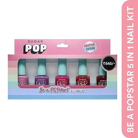 SUGAR POP 'Be A Popstar' 5 In 1 Nail Kit, 02 Bubblegum Dreams, 09 Lilac Rush, 26 Pink Perfection, 13 Red Alert & 15 Bold Please, Quick Drying & Long-Lasting, Glossy Finish For Women, 10ml