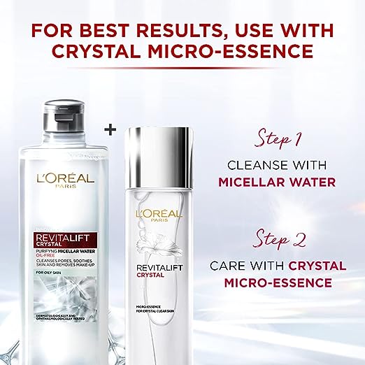 L'Oreal Paris Purifying Micellar Water, Cleanses pores and Removes Makeup, With Oil-Free Technology, Revitalift Crystal, 95ml