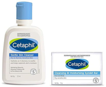 Cetaphil Face Wash Gentle Skin Cleanser for Dry to Normal, Sensitive Skin, 125 ml Hydrating Face Wash with Niacinamide, Vitamin B5&Cetaphil VVF India Cleansing And Moisturising Syndet Bar, 75g