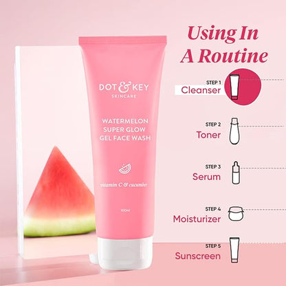 Dot & Key Watermelon Super Glow Gel Face Wash with Vitamin C & Cucumber | Face Wash for Glowing Skin | Oil Free Face Wash | Removes Excess Oil & Dirt | For Combination & Oily Skin | For Women & Men | 100ml