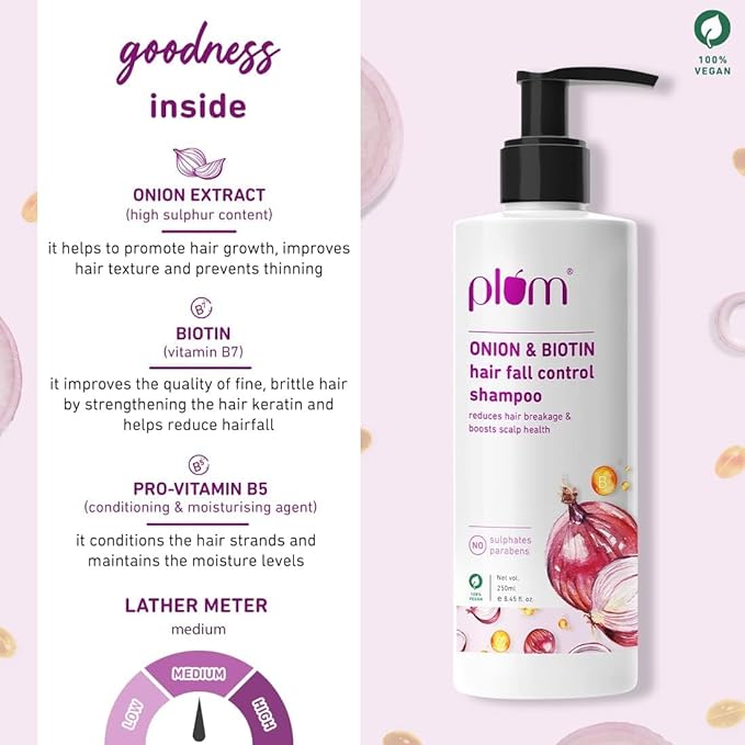 Plum Onion and Biotin Sulphate-free & Paraben-free Shampoo for Hairfall Control for All Hair Types | With Onion Extract, Biotin, D-Panthenol | Reduces Hair Breakage, Boosts Scalp Health