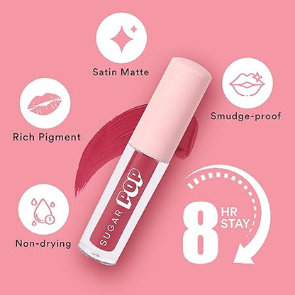 SUGAR POP Matte Lipcolour - 20 Poppy (Hot Pink) – 1.6 ml - Lasts Up to 8 hours l Pink Lipstick for Women l Non-Drying, Smudge Proof, Long Lasting