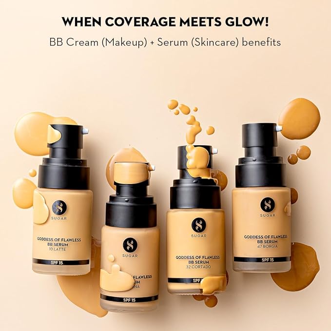 SUGAR Cosmetics Goddess Of Flawless BB Serum | Matte Finish| SPF15 & Enriched with Hyaluronic acid & Vitamin E - 42 Glace (Medium Beige, Golden Undertone)