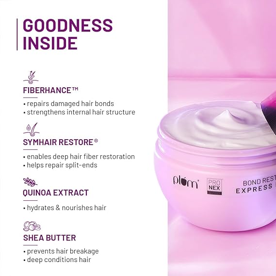 Plum ProNexTM Bond Restore Express Mask | With Patented Techology - Fiberhance®, Symhair® Restore and Quinoa Extracts | Sulphate-Free | 100% vegan | Strengthens and repairs damaged hair bonds