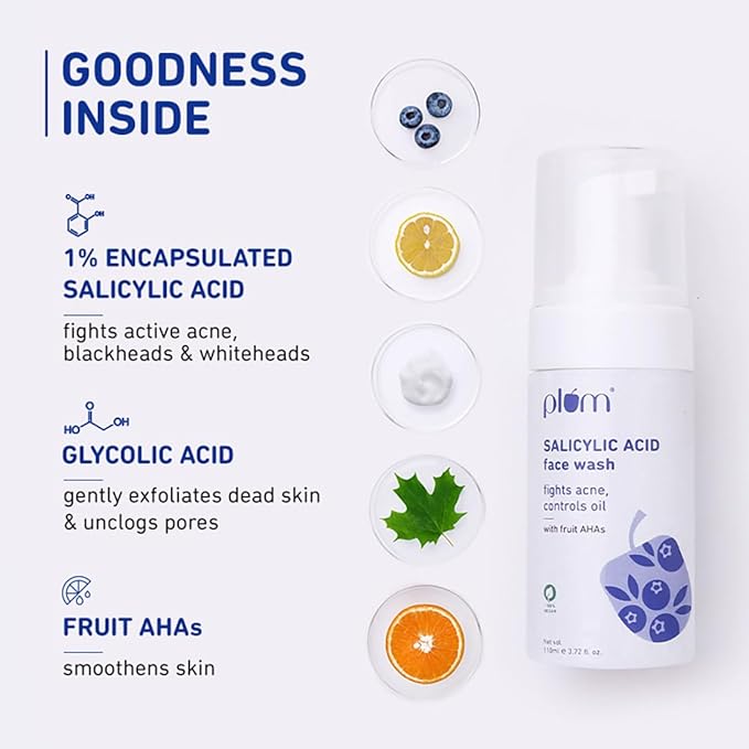 Plum 1% Encapsulated Salicylic Acid Foaming Face Wash with Glycolic Acid, Fruit AHA's & Blueberry Extracts | Fights Acne, Blackheads & Breakouts | For All Skin Types - Men & Women | Sulphate-Free | 100% Vegan | 110 ml