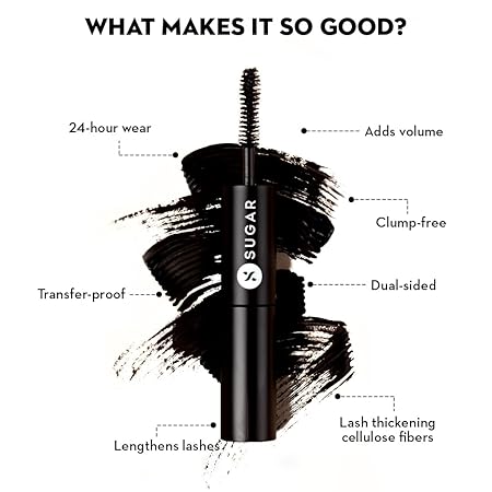 SUGAR Cosmetics - Double Date - Extreme Volume Mascara - 01 Blackjack (Black Mascara)- Ultra-Thick Mascara for Dramatic Eyelashes, Transfer Proof, Lasts Up To 24 Hours