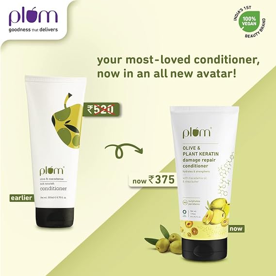 Plum Olive & Plant Keratin Damage Repair Conditioner I Contains Olive Oil, Plant Kertain, Macadamia Oil & Shea Butter | Sulphate-Free I Paraben-Free I 100% Vegan | 175 ml