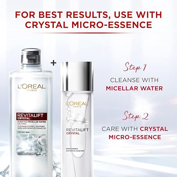 L'Oréal Paris Purifying Micellar Water, Cleanses pores and Removes Makeup, With Oil-Free Technology, Revitalift Crystal, 400ml