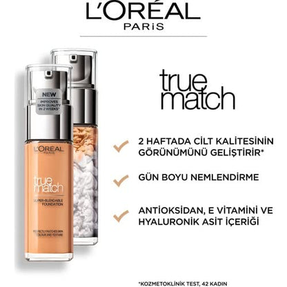 L'Oreal Paris Foundation, Super Blendable Liquid Format, SPF 16, With Glycerine, Vitamin B and E, True Match, Shade: Ivory 1N, 30ml