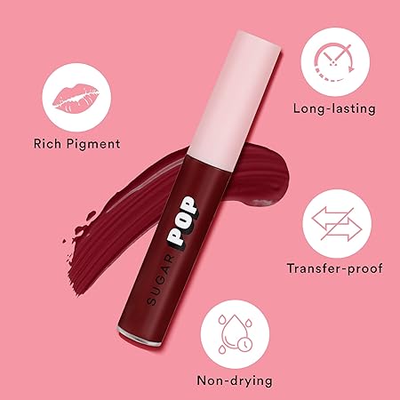 SUGAR POP Liquid Lipstick - 01 Burgundy (Plum Red) – 2.5 ml – Velvet Matte Texture, Non-drying Formula, Transfer Proof, Long Lasting, Rich Hydrating Pigment l All Day Wear Lipstick for Women