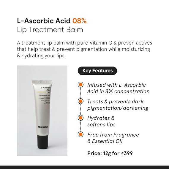 Minimalist 8% L-Ascorbic Acid Lip Treatment Balm with Vitamin E, Radianskin & Glycerine for Pigmented & Dark Lips | For Women & Men | 12 gm