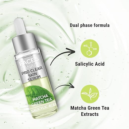 FACES CANADA Pro Clear Skin Serum, 27 ml | Matcha Green Tea & Salicylic Acid | Biphasic Face Serum | Nourishes & Soothes For Clear, Radiant & Acne-Free Skin | Helps Reduce Redness & Unclogs Pores