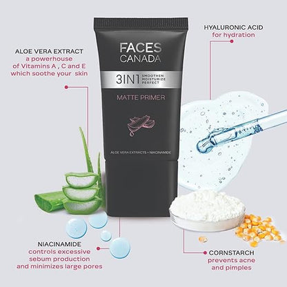 FACES CANADA Matte Primer, 30g | Oil-Free Matte Finish | Lightweight Gel Texture | Smoothens & Moisturizes Skin | Niacinamide, Hyaluronic Acid, Vitamin A, C & E | No Alcohol & Parabens