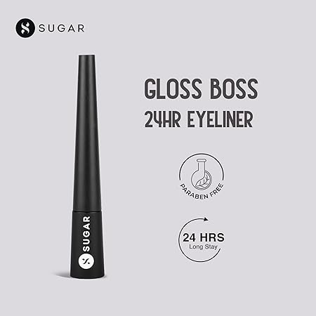 SUGAR Cosmetics - Gloss Boss - 24HR Eyeliner - 01 Back In Black (Black Eyeliner) - Glossy Eyeliner With Brush, Smudge Proof, Party-Wear Eye Liner, Lasts Up to 24 hours, Glossy Finish