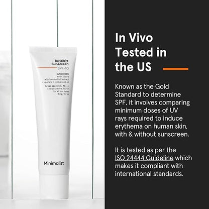 Minimalist SPF 40 Water Resistant Invisible Sunscreen Gel | Ultra Light Gel | Matte Finish | No White Cast | Sweat Resistant | PA+++ | With Tomato Extract, Squalane and Jojoba Seed Oil | For Women & Men | 50 gm